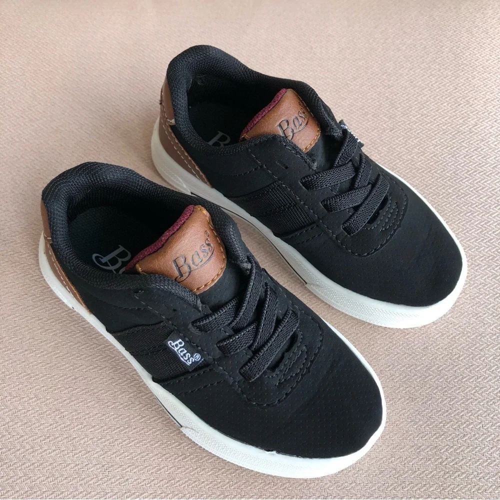 Bass Black Canvas / Leather Elastic Stretch Laces Slip‎ On  Baby Shoes 7